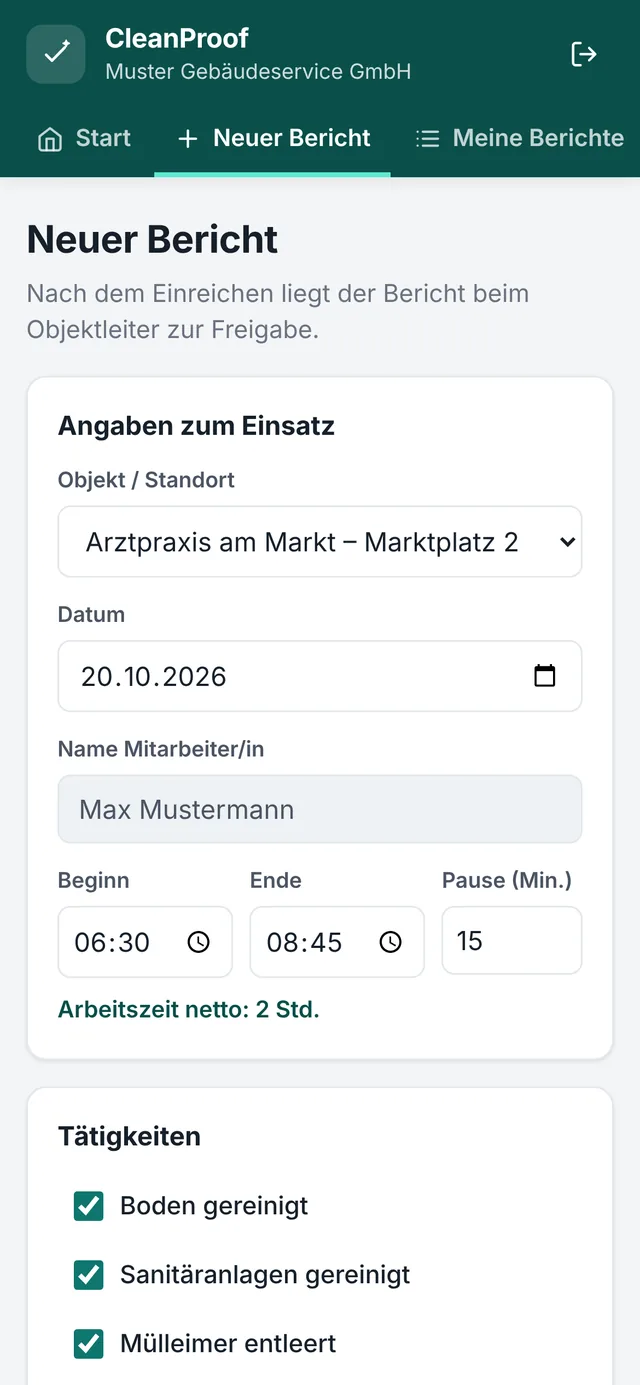 Formular zum Erfassen eines Berichts