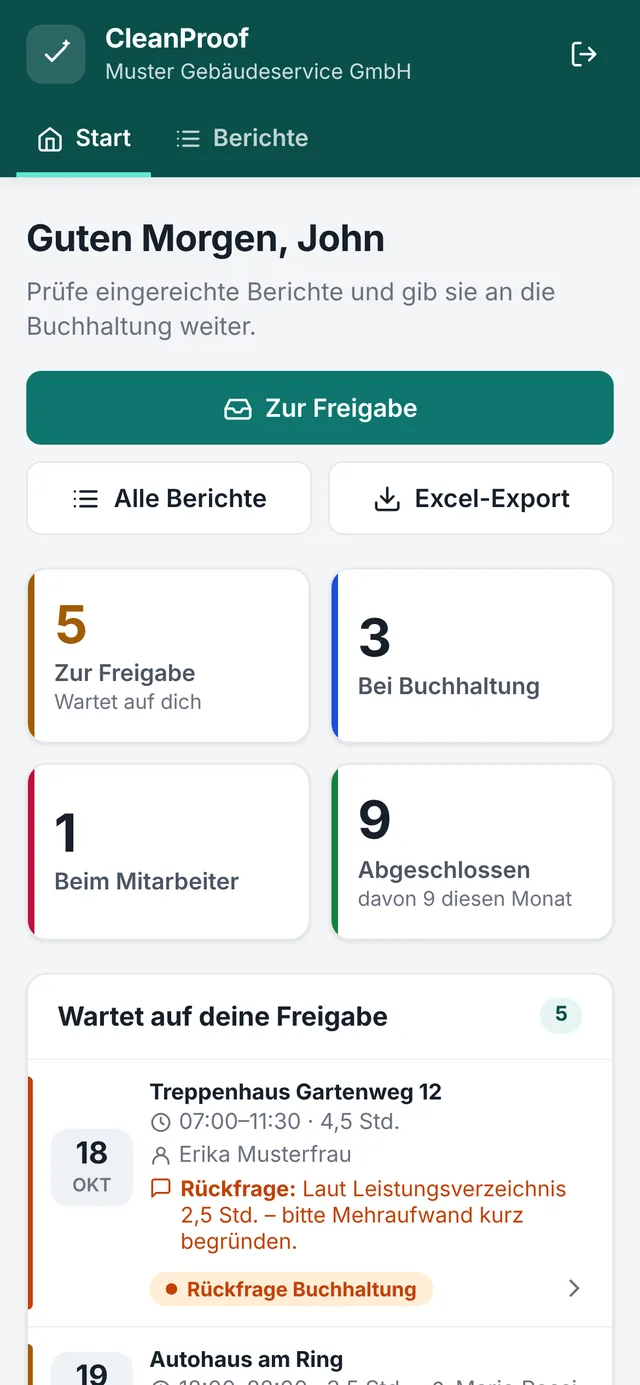 Startseite des Objektleiters in CleanProof